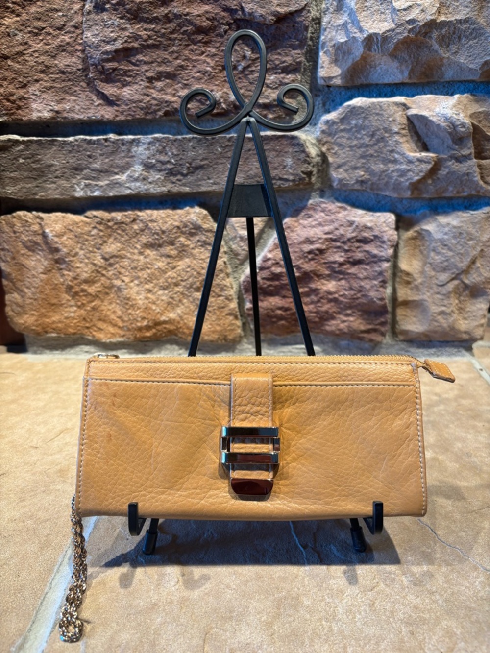 Vintage Liz Claiborne Tan Leather Chain-Accent Wallet Clutch, gold accents